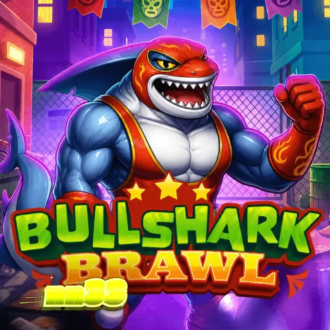 Bullshark Brawl slot game interface na nagpapakita ng mga luchador shark at multiplier symbols.